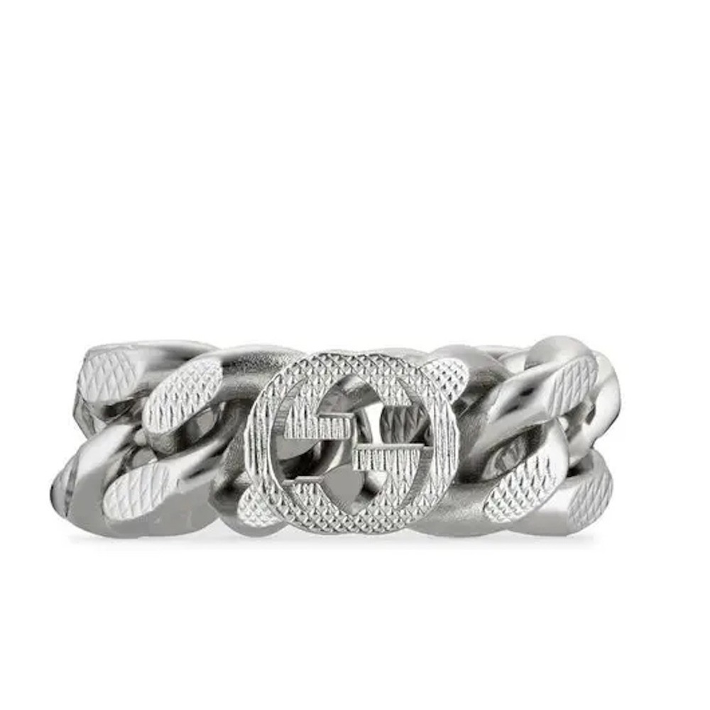 Gucci 702514 Interlocking GG Ottone Palladio Silver-toned Chain Ring, sz 6.5 -52